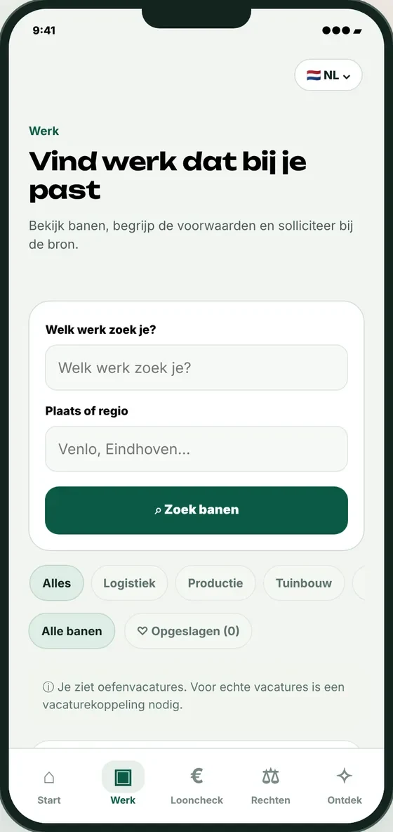 Komvaya-scherm Vind werk dat bij je past, met zoeken op functie en plaats