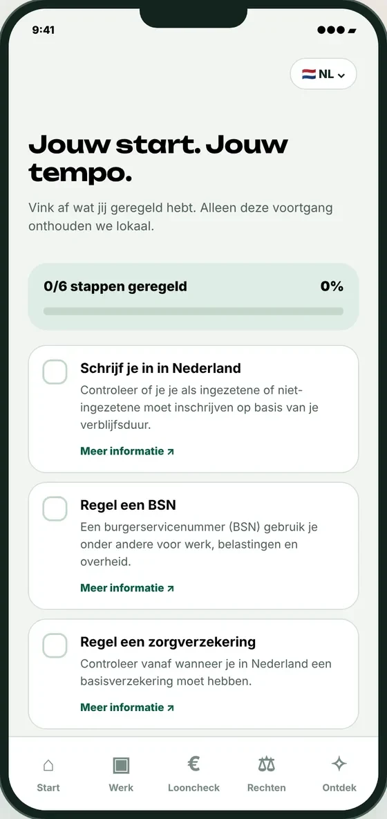 Komvaya-scherm met een afvinklijst voor de eerste stappen in Nederland